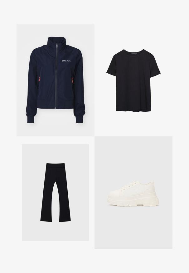 Marinblå vindjacka med hög krage, framdragkedja, elastiska mudd och röda detaljer. Logotyp på övre vänster bröst.; En enkel svart bomulls T-shirt med kort ärm och rund hals, uppvisad på en vit bakgrund.; Svarta yogabyxor med hög midja, tillverkade av stretchigt tyg, med en utformat ben med utsvängd design och en mjuk yta genom hela byxorna.; Vitcanvas sneakers med en chunky sula, rund tå och fem öglor för snören. Bakre tab för enkel påtagning. Slät yta, minimalistisk design.