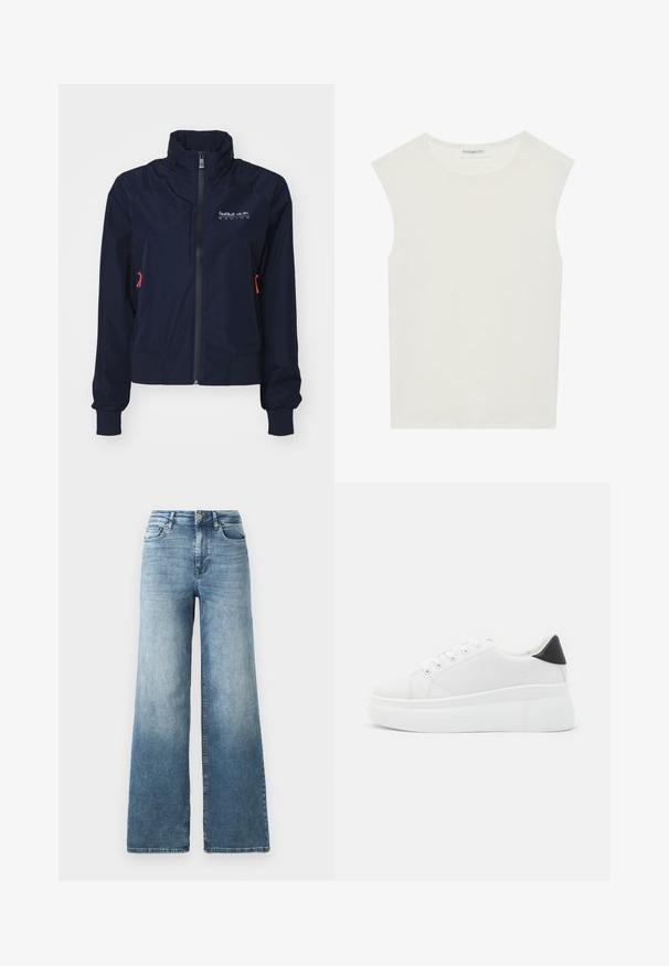 Tumed sinine tuulekindel jakk, millel on kõrge kaelus, eesmine lukku, elastsed mansetid ja punased detailid. Logo vasakul üleval rinnal.; Valge ilma varrukateta topp ümmarguse kaelusega. Valmistatud siledast kangast, sellel on mugav lõige ja minimalistlik disain. Ei ole mustreid ega aksessuaare.; Kerged jalaga teksaseelikud helesinises pesus, millel on kõrge vöökoht, viie tasku disain ja kangal peen küljes hägustamine. Klassikaline metallist nupu sulgemine.; Valged platvormsneakerid, mis on valmistatud siledast sünteetilisest materjalist, ovaalse toe, paelkinnise disaini ja tekstuurse kummitaldiga. Must kontsrihm.
