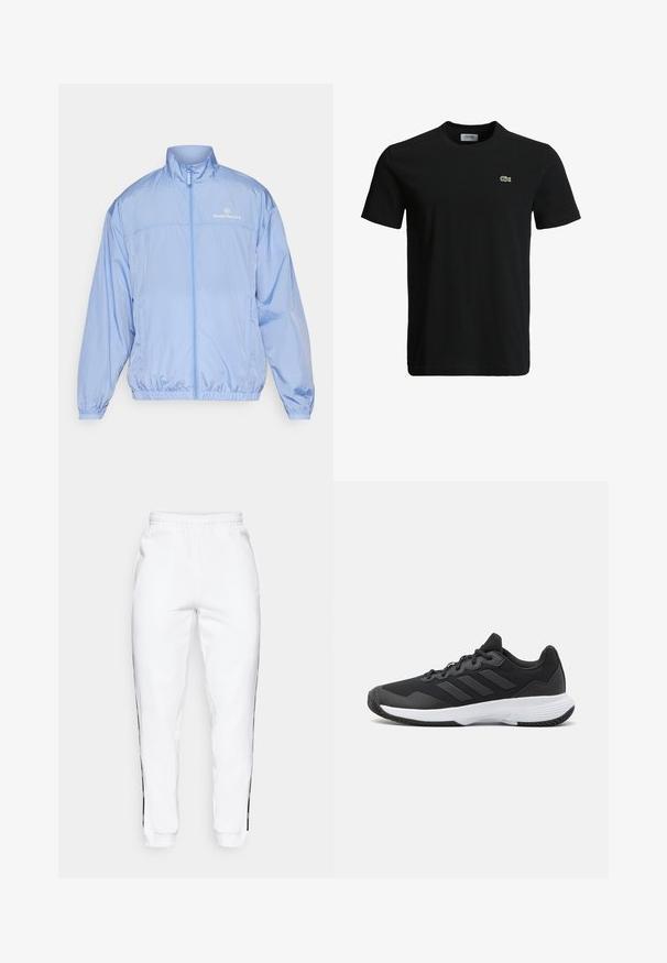Light blue, zippered windbreaker jacket made of shiny, lightweight material. Features elastic cuffs and an embroidered logo on the chest.; Black cotton t-shirt with a crew neck, short sleeves, and a small green crocodile logo on the left chest. Smooth texture, casual design.; White sweatpants with elastic waistband, featuring black side stripes and cuffs. Made from soft fabric with a smooth texture.; Black athletic shoe featuring a textured upper, three horizontal stripes, and a white sole with a patterned tread. Lightweight and streamlined design.