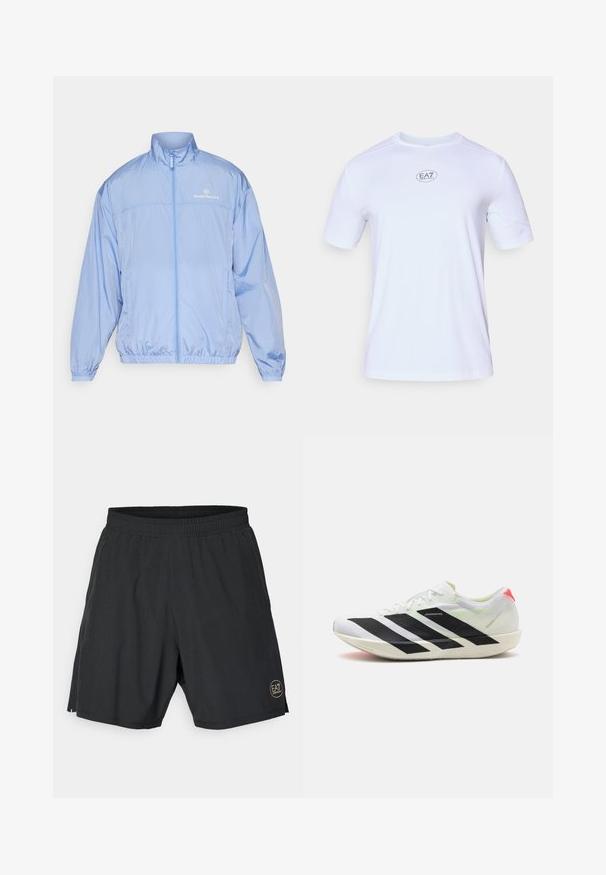 Svetlomodrá, zipsová vetrovka vyrobená z lesklého a ľahkého materiálu. Má elastické manžety a vyšívané logo na hrudi.; Biele krátke športové tričko s krátkym rukávom vyrobené z ľahkej, priedušnej sieťoviny. Má okrúhly výstrih a kruhové logo EA7 na hrudi.; Čierne atletické šortky vyrobené z ľahkého materiálu, s elastickým pásom a zlatým kruhovým logom na dolnej pravej strane.; Biele športové topánky s čiernymi diagonálnymi pruhmi, ľahký sieťovinový materiál, zelené akcenty a červený pätový diel; majú štíhly, predĺžený dizajn.