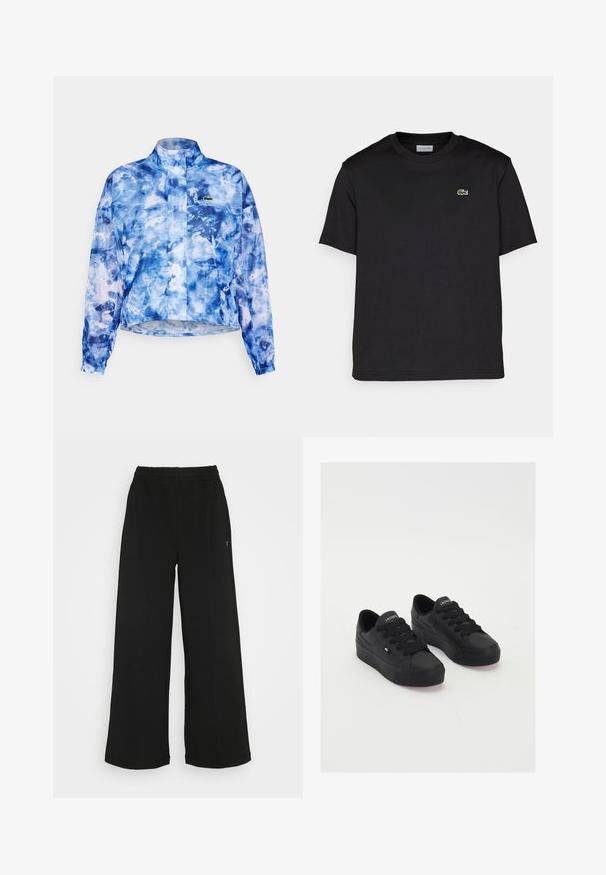 Μπλε παλτό με σχέδιο υδατογραφίας, υψηλό γιακά, μακριά μανίκια, ελαστικούς καρπούς και μπροστινό φερμουάρ. Διαθέτει λογότυπο στο στήθος. Ελαφρύ υλικό.; Μαύρη βαμβακερή μπλούζα με στρογγυλή λαιμόκοψη, κοντά μανίκια και μικρό πράσινο κεντημένο λογότυπο στη αριστερή πλευρά του στήθους. Απλή σχεδίαση.; Μαύρο παντελόνι καμπάνα με ελαστική μέση. Κατασκευασμένο από μαλακό, ελαφρύ υλικό. Διαθέτει κάθετες ραφές κατά μήκος του μπροστινού μέρους.; Μαύρα χαμηλά αθλητικά παπούτσια από λείο υλικό, με χοντρές κορδόνες, υφασμένο πέλμα και μικρό λογότυπο στο πλάι και στη γλώσσα.