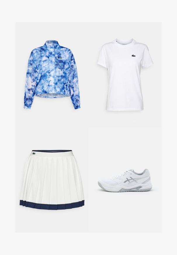 Casaco de padrão em aguarela azul com colarinho alto, mangas longas, punhos elásticos e fecho éclair frontal. Apresenta logo no peito. Material leve.; T-shirt de algodão branca com decote redondo, mangas curtas e um pequeno logótipo azul-marinho no lado esquerdo do peito. Textura suave, design casual.; Saia plissada branca com bainha e cintura azul-marinho, apresentando um material texturizado e um pequeno logótipo verde na cintura.; Shoe desportivo branco com materiais de malha e sintéticos, apresenta detalhes e atacadores cinzas, sola texturizada, design curvado e detalhe do logotipo.