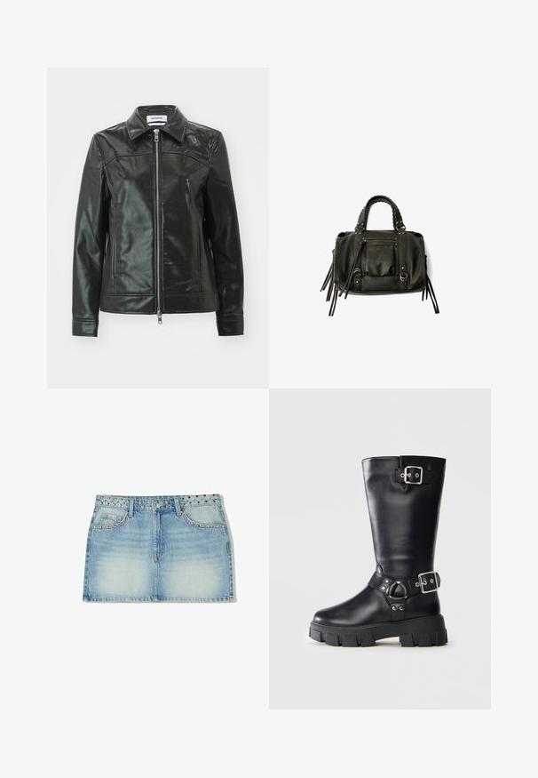 Czarna skórzana kurtka o błyszczącym wykończeniu, zapinana na zamek z przodu, z wywiniętym kołnierzem. Posiada boczne kieszenie oraz przeszycia na ramionach.; Biała bluzka z krótkim rękawem, okrągłym dekoltem i luźnym krojem. Wykonana z gładkiego materiału, z delikatną teksturą i czystymi liniami.; Jasnoniebieska dżinsowa spódniczka mini, z wykonanym z ćwieków pasem w talii, dwiema przednimi kieszeniami oraz prostym krojem z wyblakłą teksturą.; Czarne skórzane botki do kostki z grubą podeszwą, z dwoma srebrnymi klamrami – jedną na górze i jedną wokół kostki.; Czarna skórzana torebka z plecionymi uchwytami, kieszenią na zamek i zawieszkami. Teksturowana powierzchnia z metalowymi ćwiekami i akcentami ze stali.