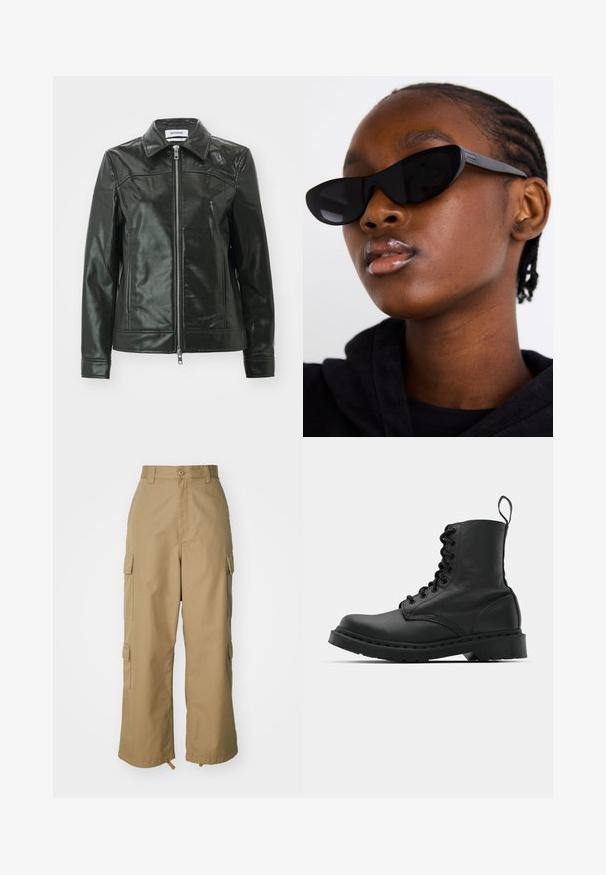 Black leather jacket with a shiny finish, zip front, and a pointed collar. Features side pockets and stitched detailing on shoulders.; Two sleeveless tops in black and white, made of ribbed cotton, featuring round necklines and a fitted design. Labels visible on both.; Beige cargo pants with a high waist, wide legs, and four large side pockets. Made of durable fabric with a smooth texture and minimal detail.; Black leather combat boot with a round toe, lace-up front, and a pull tab at the ankle. Features a thick rubber sole for durability.; Black cat-eye sunglasses with a matte finish, featuring a sleek design and gently curved edges, set against a model's dark clothing.; Silver hoop earrings with a smooth, polished finish. Round shape and secure click-top closure. Lightweight design suitable for everyday wear.