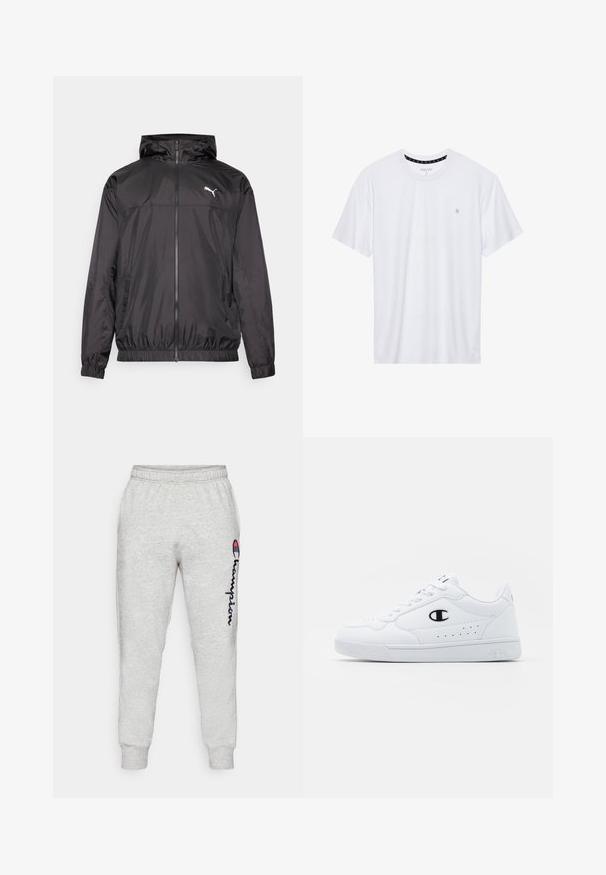 Czarna kurtka przeciwwiatrowa wykonana z lekkiego materiału. Posiada zamek z przodu, kaptur, elastyczne mankiety oraz boczne kieszenie. Logo Puma na klatce piersiowej.; Biała koszulka z okrągłym dekoltem, wykonana z bawełny, z krótkimi rękawami i małym haftowanym logo po lewej stronie na klatce piersiowej. Miękka w dotyku.; Jasnoszare bawełniane spodnie dresowe z ściągaczami, z pionowym granatowym logo "Champion" i subtelną teksturą. Elastyczny pas dla komfortu.; Białe sportowe sneakersy z gładką syntetyczną cholewką, czarnym akcentem logo i perforowanymi detalami po boku. Gumowa podeszwa.
