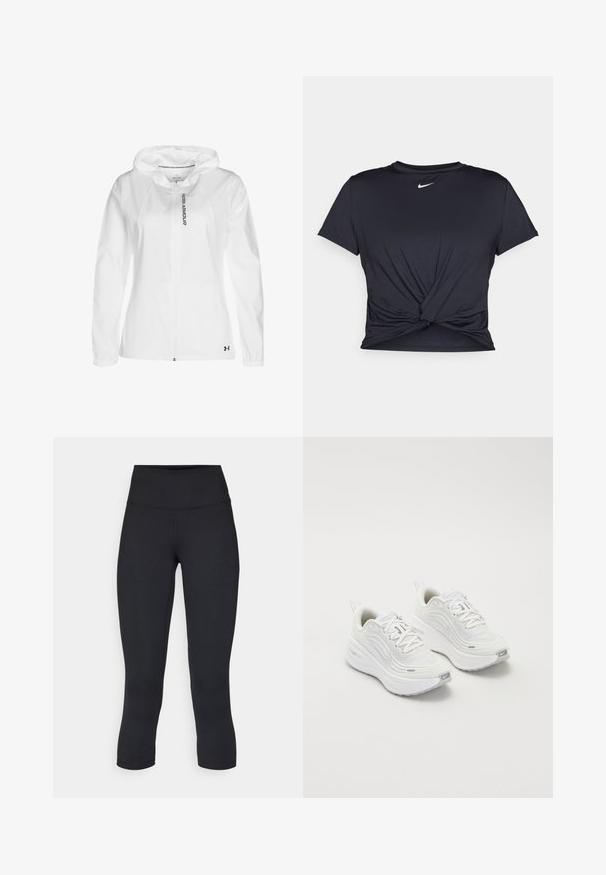 Witte zip-up hoodie van lichtgewicht materiaal, met een capuchon, elastische manchetten en een zwart logo detail aan de onderzijde links.; Zwarte sportieve T-shirt van gladde stof, met een geknoopt ontwerp aan de voorkant en een klein wit Nike-logo op de borst.; Zwarte cropped leggings van rekbaar materiaal, met een hoge tailleband en een gladde textuur, zonder zichtbare patronen of hardware.; Witte sportieve schoenen met een gestructureerde mesh bovenkant, een comfortabele zool en subtiele grijze accenten. Inclusief branding en een lus aan de hiel voor eenvoudig aan- en uittrekken.
