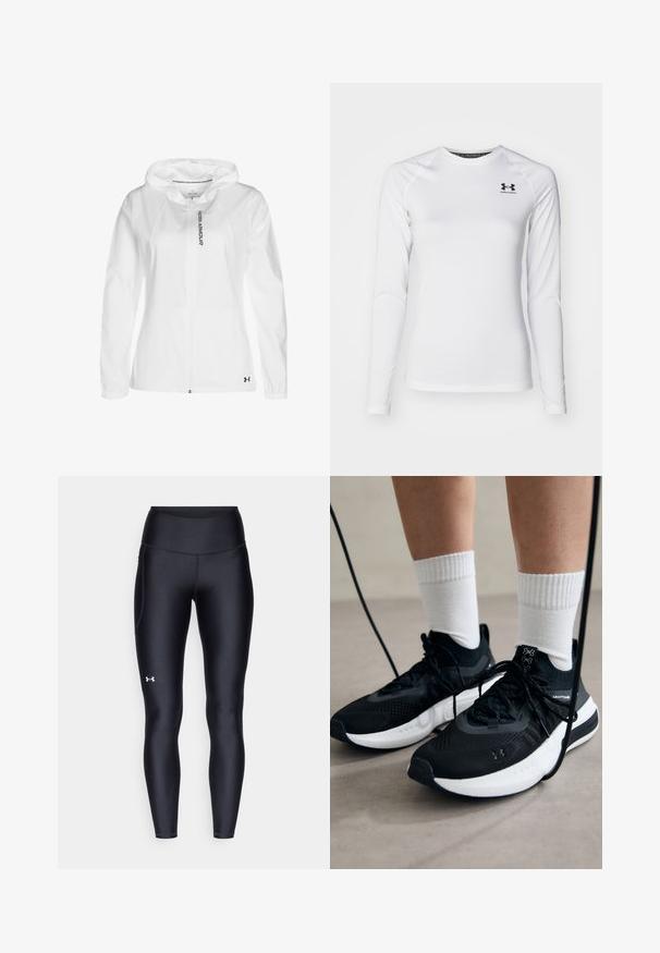 Biała rozpinana bluza z kapturem, wykonana z lekkiego materiału, z kapturem, elastycznymi mankietami oraz czarnym logo na dolnej lewej stronie.; Biała, sportowa koszulka z długim rękawem, wykonana z gładkiego materiału, z okrągłym dekoltem i czarnym logo na górnej lewej części klatki piersiowej.; Czarne legginsy wykonane z gładkiego, elastycznego materiału z wysokim stanem. Posiadają białe logo na lewym udzie oraz dopasowany krój.; Czarne buty sportowe z teksturowanym materiałem, białą podeszwą i czarnymi sznurowadłami. Nosi je osoba w białych skarpetkach w prążki, stojąca na jasnej powierzchni.