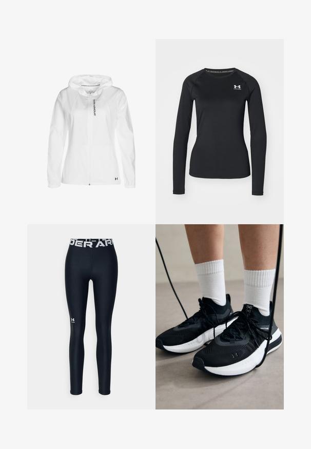 Witte zip-up hoodie van lichtgewicht materiaal, met een capuchon, elastische manchetten en een zwart logo detail aan de onderzijde links.; Zwart sportshirt met lange mouwen, gemaakt van een gladde stof, met een ronde halslijn en een klein wit logo op de linkerborst.; Zwarte sportleggings van een gladde stof, met een brede tailleband waarop "UNDER ARMOUR" in het wit staat en een klein logo op het onderbeen.; Zwarte sportschoenen van gestructureerde stof, met een witte zool en zwarte veters. Draag ze met witte geribde sokken, staand op een lichte ondergrond.