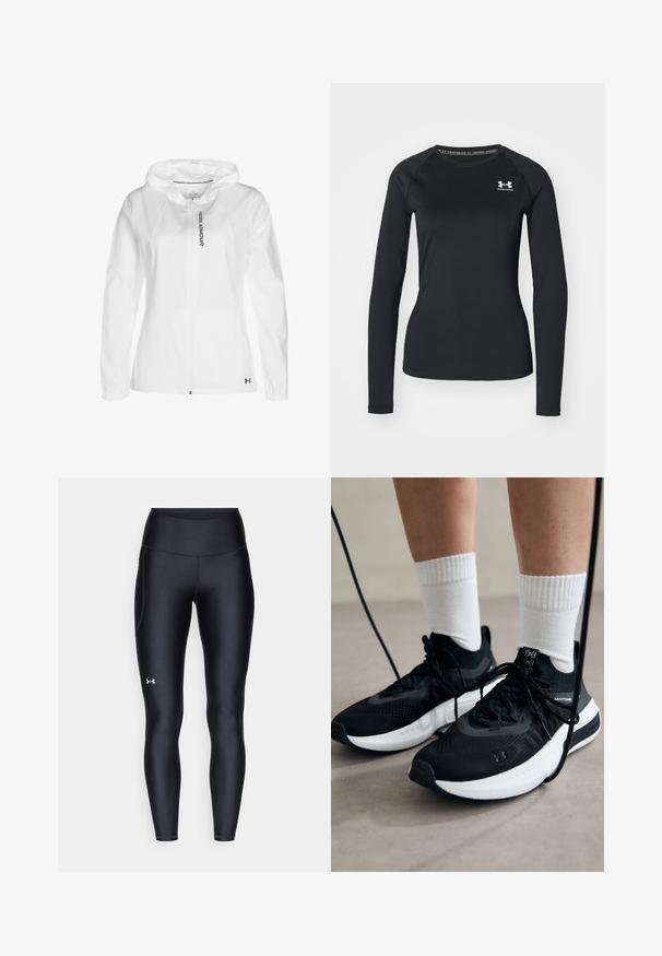 Hvid zip-up hættetrøje lavet af letvægtsmateriale, med hætte, elastiske manchetter og en sort logo detalje på den nedre venstre side.; Sort langærmet atletisk skjorte lavet af glat stof, med rund halsudskæring og et lille hvidt logo på venstre bryst.; Sorte leggings lavet af glat, strækbart materiale med høj talje. Har et hvidt logo på venstre lår og en tætsiddende design.; Sorte sportssko med tekstureret stof, hvid sål og sorte snørebånd. Båret med hvide ribbede sokker, stående på en lys overflade.