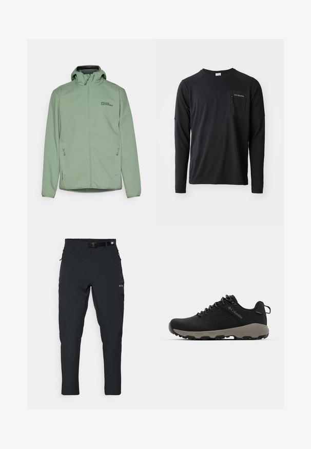 Light green zip-up jacket with a hood, made from soft fabric. Features two side pockets and a small logo on the chest.; Columbia COLUMBIA TECH™ LONG SLEEVE CREW - Long sleeved top - black; Columbia ESSENTIAL HIKE™ PANT - Outdoor trousers - black; Black hiking shoe with a smooth upper, perforated design, gray outsole, and reinforced heel. Features laces and a pull tab for easy wear.