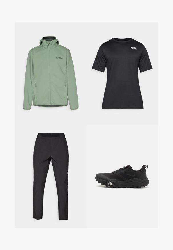 Giacca a zip verde chiaro con cappuccio, realizzata in tessuto morbido. Presenta due tasche laterali e un piccolo logo sul petto.; T-shirt nero a maniche corte realizzato in tessuto leggero e traspirante. Presenta un logo bianco sul lato sinistro del petto e un collo a giro.; Pantaloni sportivi neri con cintura elastica, realizzati in tessuto leggero, con un piccolo logo sulla parte inferiore della gamba e una linea dritta.; Scarpa da trail running nera con tomaia texture, suola in gomma e punta rinforzata. Presenta un collare imbottito e un tassello per un indossamento facile.