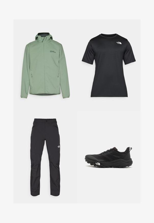 Gaiši zaļš ar rāvējslēdzēju aizdare jaka ar kapuci, izgatavota no mīksta auduma. Tam ir divas sānu kabatas un mazs logo uz krūšdaļas.; Melnā īsās piedurknes T-kreklā, izgatavotā no viegla, mitrumu uzsūcoša auduma. Tam ir balts logo kreisajā krūtīs un apaļa kakla izgriezums.; Melnas āra bikses ar rāvējslēdzēju priekšējā kabatā, sintētisks materiāls, sašaurinātas kājas un pastiprinātas ceļa paneļi. Iespējams, ar pogas aizdari.; Melnas taku skriešanas kurpes ar teksturētu virsu, gumijas zoli un pastiprinātu pirkstu daļu. Aprīkotas ar mīkstu apkakli un vilkšanas cilpu, lai viegli uzvilktu.