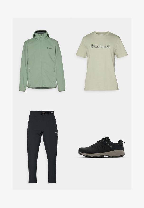 Jacket verde claro com fecho éclair e capuz, feito de tecido macio. Possui dois bolsos laterais e um pequeno logótipo no peito.; T-shirt de algodão verde claro com gola redonda, mangas curtas e um logótipo "Columbia" em cinza escuro na frente. Textura suave.; Columbia ESSENTIAL HIKE™ PANT - Calças para exterior - black; Sapatilha de caminhada preta com parte superior lisa, design perfurado, sola cinza e calcanhar reforçado. Apresenta atacadores e uma alça para facilitar o calçar.