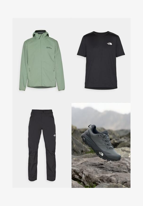 Lichtgroene ritsjack met capuchon, gemaakt van zachte stof. Beschikt over twee zijzakken en een klein logo op de borst.; Zwarte T-shirt met korte mouwen, gemaakt van lichtgewicht stof. Bevat een klein wit logo op de linkerborst en verfijnde schouderaccenten.; Zwarte outdoor broek met een ritssluiting voorzak, synthetisch materiaal, taps toelopende benen en versterkte kniestukken. Voorzien van een knoopsluiting.; Grijze trailrun-schoen met een gestructureerde bovenkant, duurzame rubbersole en versterkte neuskap. Voorzien van veters en een merkimprint aan de zijkant.