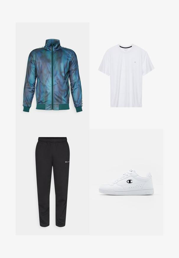 Chaqueta de cremallera en un degradado de azul profundo y verde azulado, confeccionada en una tela suave. Presenta un cuello alto y puños y dobladillo de canalé en un contraste verde.; Camiseta de algodón de cuello redondo en color blanco, con mangas cortas y un pequeño logo bordado en el área del pecho izquierdo. Textura suave.; Pantalones de chándal negros de mezcla de algodón, con una cinturilla elástica y un pequeño logo blanco en el lado izquierdo. Diseño de pierna ajustada.; Zapatillas deportivas blancas con un upper sintético suave, acento del logo en negro y detalles perforados en los laterales. Suela de goma.