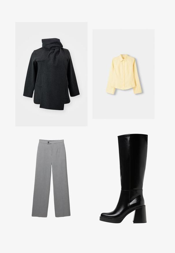 Temno siva volnena plašča z visokim ovratnikom in integriranim šalom. Ima dva sprednja žepa in ravno oblikovana rokava. Mehka tekstura.; Rumena srajca z dolgimi rokavi, s koničastim ovratnikom in sprednjim gumbom za zapiranje. Ima vertikalne modre črte in prilega se.; Sive krojene hlače s širokimi nogavicami, ravnim sprednjim delom in subtilno teksturo. Imajo en gumb za zapiranje in čiste linije.; Črne škornje do kolen, izdelane iz sijočega materiala, z debelim blok peta in zaobljenim prstom. Šivi potekajo ob zunanji strani.