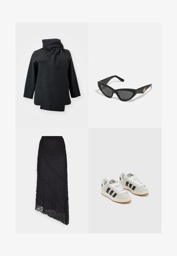 Tamsiai pilkas vilnonis paltas su aukštu kaklu ir integruota skara. Yra dvi priekinės kišenės ir tiesios rankovės. Minkšta tekstūra.; Du dujų medvilnės marškinėliai balti ir juodi. Kiekvienas turi giliai iškirptą iškirptę ir plonas petnešas, pasižyminčius lygiu, švelniu tekstūru.; Juodas nėriniuotas viršus su petį atidengiančiu kaklu, ilgomis pailgomis rankovėmis ir banguotais kraštais. Visame paviršiuje yra tekstūruotas gėlių raštas.; ONLY ONLKIM LACE SKIRT - Maksi sijonas - black; Grynos zomšos sneakeriai su baltais raišteliais, juodomis juostelėmis ir balta gumine sole. Turintys apskritą logotipą ant liežuvėlio ir guminę sole.; Katės akies saulės akiniai su matinio juodo plastiko rėmeliu, tamsiais lęšiais ir auksiniu logotipo akcentu ant šventyklos. Kampuota forma ir glotni tekstūra.