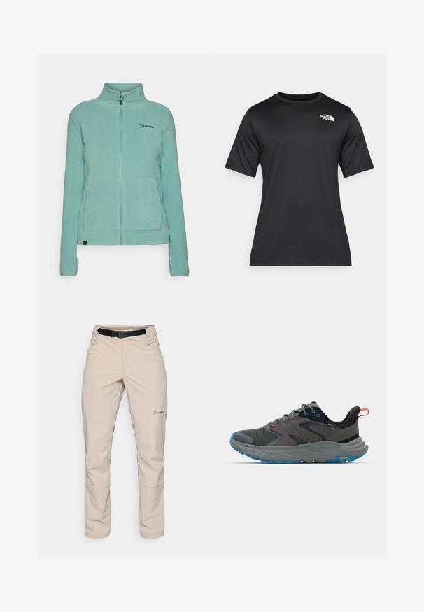 Švelniu mėlynu tonas poliarinio vilnos džemperis su aukštu apykakle, užtrauktuku iki galo, dviem priekinėmis kišenėmis ir logotipo detale ant kairiojo krūtinės. Minkšta tekstūra.; Juoda trumpų rankovių marškinėliai, pagaminti iš lengvos, drėgmę praleidžiančios medžiagos. Viršuje kairėje krūtinės pusėje yra balta logotipo etiketė, o apykaklė yra klasikinio stiliaus.; Šviesiai rudos spalvos lauko kelnės su juodu diržu, užtrauktukais, ir tiesiais kirpimais. Pagamintos iš lengvo, vandeniui atsparaus audinio.; Pilki sportiniai batai su tinklu ir zomšos medžiaga, mėlyna pado dalis, oranžinės ir mėlynos akcentai bei tekstūruotas tarpinis padas, ant kurio yra "Vibram" logotipas.