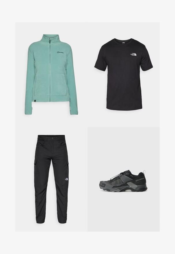 Heled teali värvi fliisiblekk, millel on kõrge krae, täispikk tõmblukk, kaks esikatet ja logo detail vasakul rinnal. Pehme tekstuur.; Must have lühikeste varrukatega must T-särk, mis on valmistatud puuvillast, ümmarguse kaelusega ja väikese valge logoga vasakus ülanurgas.; The North Face HORIZON PANT - Õuepüksid - black; Musta matkajooksuking, millel on vastupidav sissetõmmatav mesh-ülemine osa, tugevdatud varbavarras, tekstureeritud kummitald ja elastne sidumisüsteem kindla sobivuse tagamiseks.