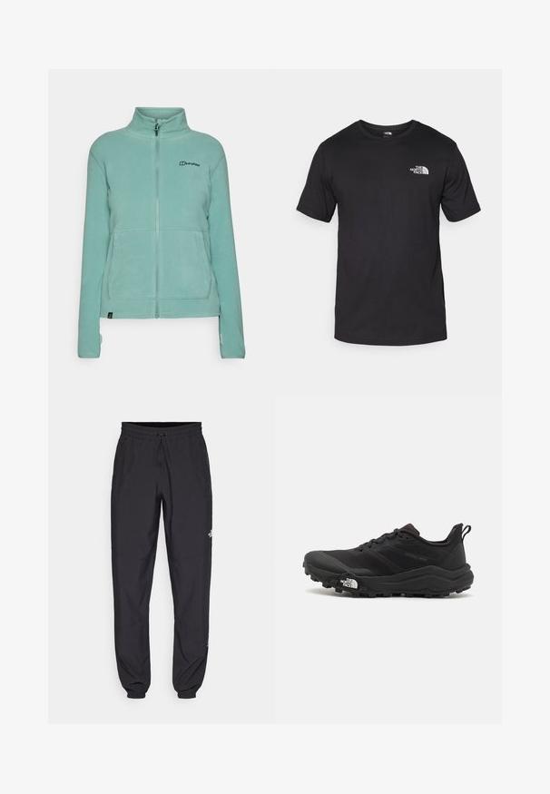 Fleecejakke i lys teal med høy krage, hel glidelås, to frontlommer og logodetalj på venstre bryst. Myk tekstur.; Svart kortermet t-skjorte laget av bomull, med rund hals og en liten hvit logo på øvre venstre brystområde.; Sorte idrettsbukser laget av lett stoff, med snor i livet, sidelommer og smale mansjetter ved anklene.; Svart terrengløpesko med teksturert overdel, gummisåle og forsterket tåhette. Har polstret krage og løftestropp for enkel påkledning.