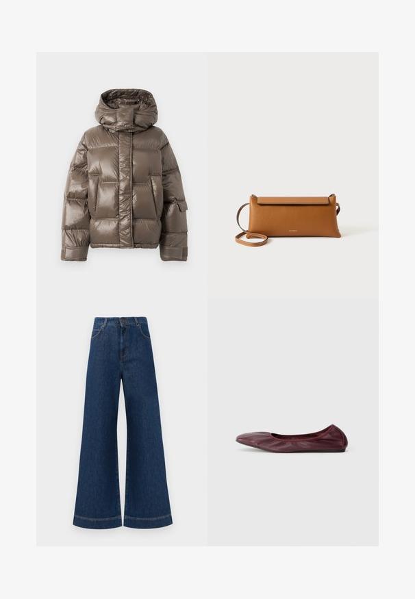 Barna párnázott dzseki magas gallérral, fényes felülettel, nagy első zsebekkel és enyhén oversized szabással.; Kék garbó pulóver hosszú ujjal, puha kötött anyagból készült. Bordázott gallérral és mandzsettával rendelkezik, egyszerű dizájnja van, minta nélkül.; Magas derekú, széles lábú kék farmernadrág, gombos záródással, övhurkokkal és diszkrét varrási részletekkel a zsebeknél és a szegélyeknél.; Burgundi színű, mély bőrből készült balerina cipő, lekerekített orral, rugalmas szegéllyel és sima felülettel, finom redőzéssel.; Barna bőr kézitáska, téglalap alakú, texturált felület, leválasztható pánt, cipzáras záródás, diszkrét logóval a záron.