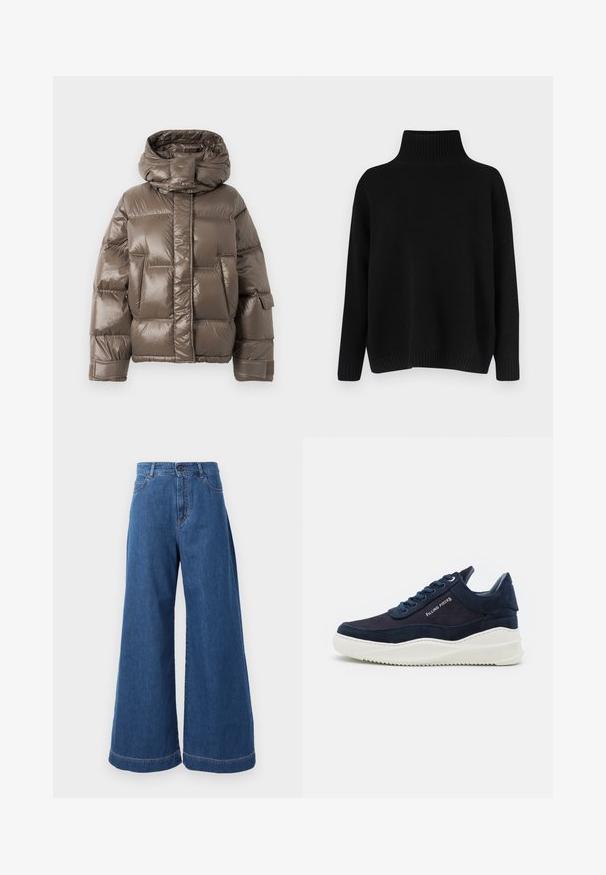 Brown padded jacket with a high collar, featuring a glossy finish, large front pockets, and a slightly oversized shape.; Black knitted sweater with a high ribbed collar, dropped shoulders, and a relaxed fit. Features ribbed cuffs and hem for texture.; Wide-leg jeans in medium blue denim, featuring a high waistband, front pockets, and contrast stitching along the seams and hems.; Dark navy suede sneakers with white rubber soles, rounded toe, and lace-up design. Features logo detail on the side and textured accents.