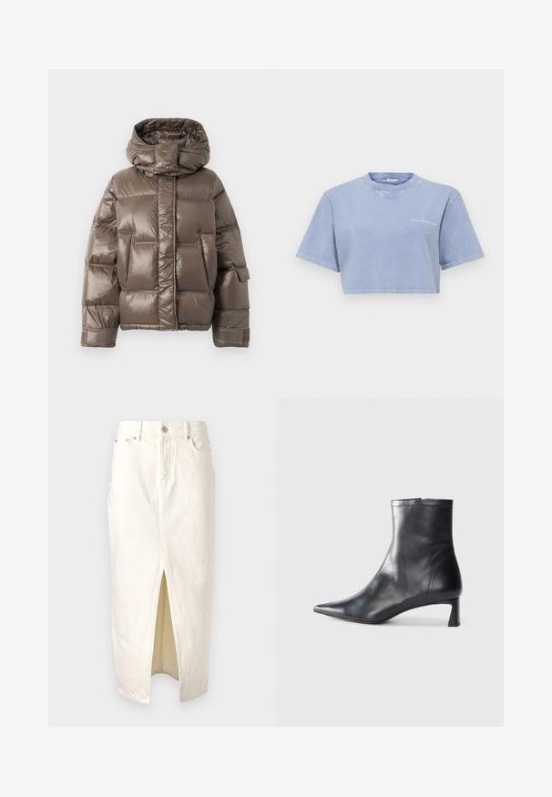 Hnědá zateplená bunda s vysokým límcem, která má lesklý povrch, velké přední kapsy a mírně overize střih.; Zkrácený světle modrý tričko vyrobené z měkké látky, s krátkými rukávy, kulatým výstřihem a malým grafickým potiskem na přední straně.; Bílá džínsová sukně s předním rozparkem, vysokým pasem, poutky na opasek a klasickým designem s pěti kapsami. Texturovaná látka se švy.; Černé kožené kotníkové boty s špičatou špičkou a elegantním designem. Mají nízký podpatek a zipové zapínání na zadní straně. Hladká textura.