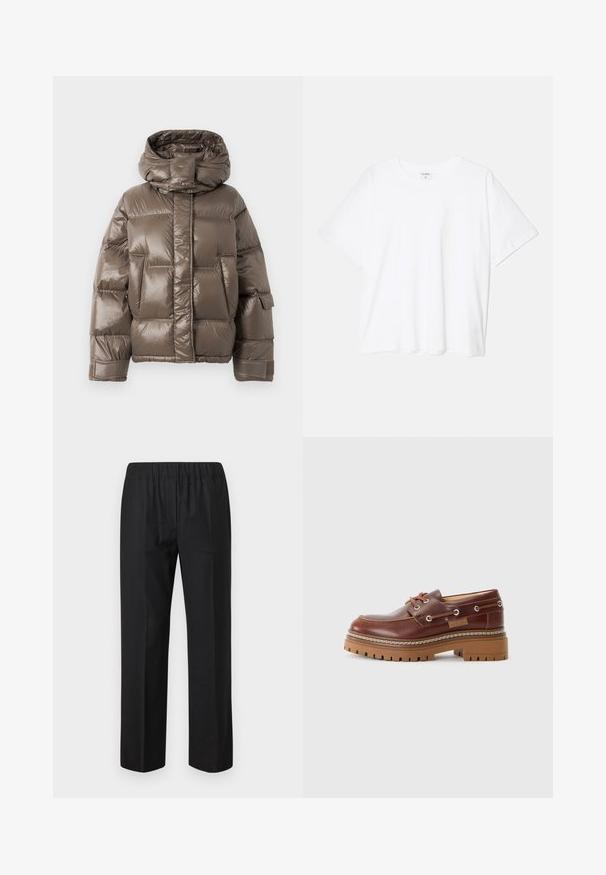 Rjav podložen plašč z visokim ovratnikom, ki ima sijoč zaključek, velike sprednje žepke in rahlo preveliko obliko.; Bela bombažna majica s kratkimi rokavi, okroglim izrezom, sproščenim krojem in šivanim robom. Oznaka vidna na notranji strani izreza.; Črne hlače z elastičnim pasom, ravne noge in brez vidnih žepov. Gladka tkanina z mat površino.; Rjavi usnjeni loafer s debelim podplatom z gumo, vezalkami prekanjenimi skozi kovinske oči, in šivanim detajlom na belem ozadju.