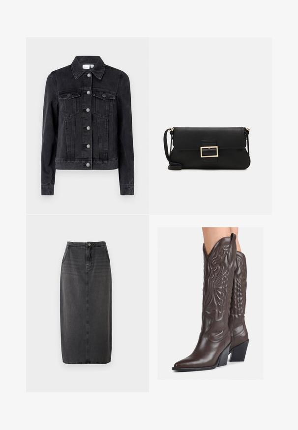 Vero Moda VMZORICA - Traper jakna - black; Bijela majica bez rukava napravljena od rebraste tkanine, s okruglim izrezom i uklapajućim siluetom, s minimalnim šavovima i bez ukrasa.; Crna denim midi suknja s ravnim krojem, prednjim kopčanjem na gumbe i bočnim džepovima. Ima glatku teksturu i suptilno izblijeđenje.; Smeđe kožne kauboj čizme s šiljastim vrhom i blok-potpeticom, s detaljno izvezenim šavovima i uzdignutim naglascima na okovu.; Crna kožna clutch torbica s preklopom i zlatnim metalnim detaljem kopče. Uključuje crnu trakicu i elegantan, minimalistički dizajn.