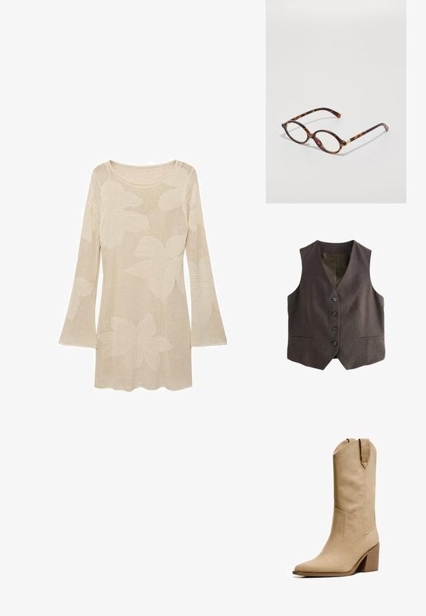 Hnědá vesta s klasickým střihem; má hluboký výstřih do V, šest knoflíků vpředu a dvě boční kapsy. Texturovaná tkanina.; Beige pletený svetr s dlouhými rukávy a kulatým výstřihem, který má velké vzory listů a síťovou texturu. Ozdobený rozšířenými rukávy.; Bershka HIGH-HEEL - Kovbojské/motorkářské kozačky - beige; Kočičí brýle s oválnými rámy, průhlednými čočkami a zlatými akcenty. Mají zakřivené nožičky a hladký, lesklý povrch.