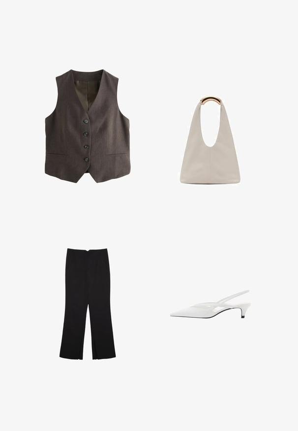 Hnědá vesta s klasickým střihem; má hluboký výstřih do V, šest knoflíků vpředu a dvě boční kapsy. Texturovaná tkanina.; Bílý bezrukávový top s kulatým výstřihem, který má jemnou texturu, detaily v oblasti zad ve tvaru klíčové dírky a rovný lem.; Černé kalhoty s rovným střihem, s předními kapsami a bočními rozparky na lemu. Vyrobené z jemné, hladké tkaniny. Vhodné na různé příležitosti.; Bílé slingback podpatky se špičatou špičkou, s hladkým svrškem, jemnými výřezy a nízkým blokovým podpatkem. Černá podrážka zvýrazňuje design.; Světlá šedá kožená taška s U-tvarovaným designem a zakřivenou kovovou rukojetí. Hladký povrch s minimálním šitím a bez viditelných vzorů.