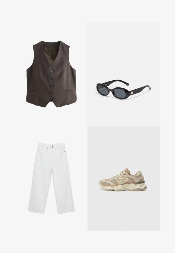 Gilet marron à la coupe classique ; présente un col en V profond, six boutons sur le devant et deux poches latérales. Tissu texturé.; Débardeur blanc sans manches avec un décolleté carré, texture lisse et design ajusté. Fabriqué en tissu léger.; Jean large blanc en denim avec taille haute, comportant cinq poches et des accents en métal. Texture lisse, sans motifs visibles.; Baskets de sport beiges en matériaux mesh et suède, avec une pointe arrondie, une semelle épaisse et des accents réfléchissants notables sur les côtés.; Lunettes de soleil ovales noires avec des verres foncés, monture en plastique brillant, branches larges et un petit accent doré d'un côté.