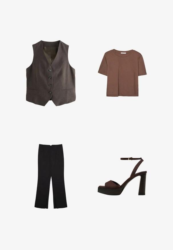 Brown vest with a classic cut; features a deep V-neck, six buttons down the front, and two side pockets. Textured fabric.; Brown short-sleeve t-shirt made of soft fabric, with a round neckline and relaxed fit. No visible patterns or accents.; Black trousers with a straight fit, featuring front pockets and side slits at the hem. Made of soft, smooth fabric. Suitable for various occasions.; Brown suede high-heeled sandal with an open toe, adjustable ankle strap, and a striped platform sole.