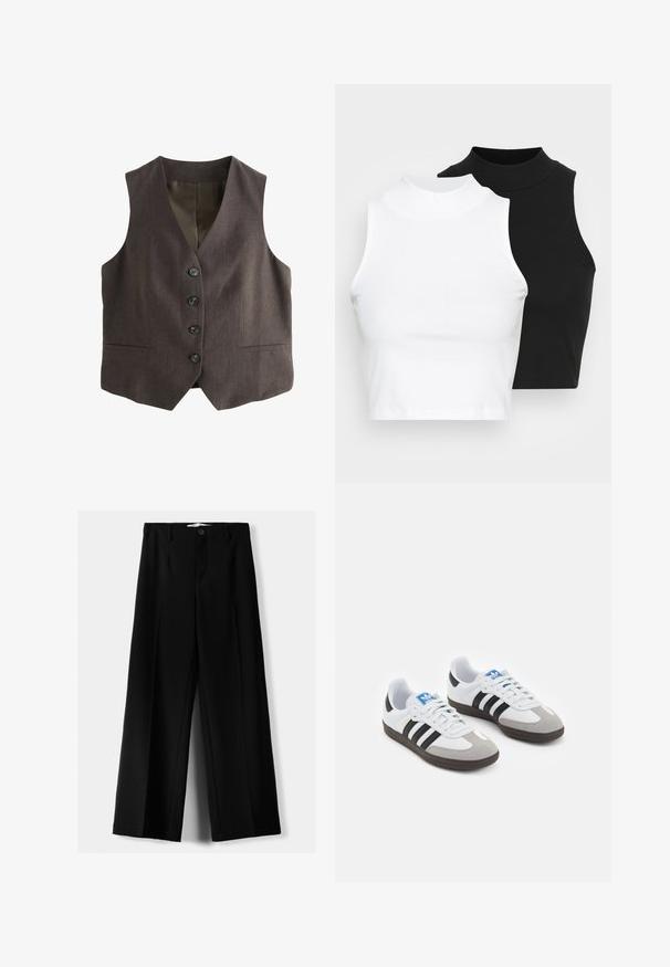 Bruine vest met een klassieke snit; heeft een diepe V-hals, zes knopen aan de voorkant en twee zijzakken. Gestructureerde stof.; Twee mouwloze ribgebreide coltruien in zwart en wit, met een slim fit ontwerp en een gladde textuur, met een cropped lengte.; Zwarte wijde broek van lichtgewicht stof, met een knoopsluiting aan de voorkant en een vlakke achterkant, afgewerkt met keurig gestikte zoom.; Sportschoenen met een witte leren bovenkant, grijze suède neus en drie zwarte strepen. Bevat een blauw logo op de tong en een gestructureerde rubberen zool.