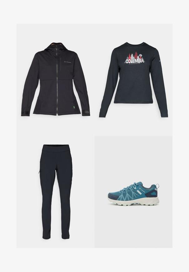 Svart myk skalljakke med hette, har en frontlås, elastiske mansjetter og en logo på brystet. Glatt tekstur, skreddersydd design.; Langermet mørkegrå skjorte med grafikk av røde trær og fjell; "COLUMBIA" logo i fet hvit tekst. Mykt stoff, standard rund hals.; Svarte joggebukser med slim fit, elastisk midjebånd og en sidelomme med glidelås. Glatt, elastisk stoff med minimalt med sømmer.; Columbia PEAKFREAK™ II OUTDRY™ - Fjellsko - blue heron/skylight