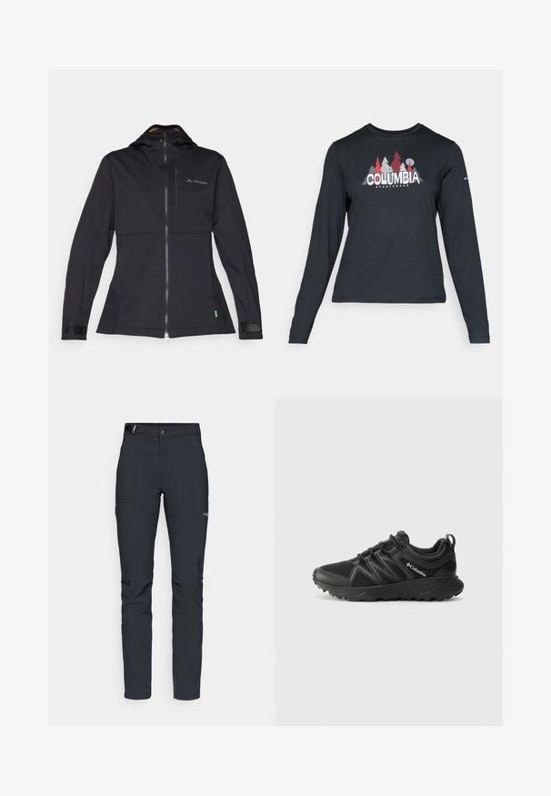 Black softshell jacket with a hood, features a front zipper, elastic cuffs, and a logo on the chest. Smooth texture, tailored design.; Long-sleeve dark gray shirt with a graphic of red trees and mountains; "COLUMBIA" logo in bold white text. Soft fabric, standard crew neck.; Men's outdoor pants, dark gray, made from flexible material, featuring a belt, zippered pockets, and reinforced stitching.; Columbia PEAKFREAK - Hiking shoes - black