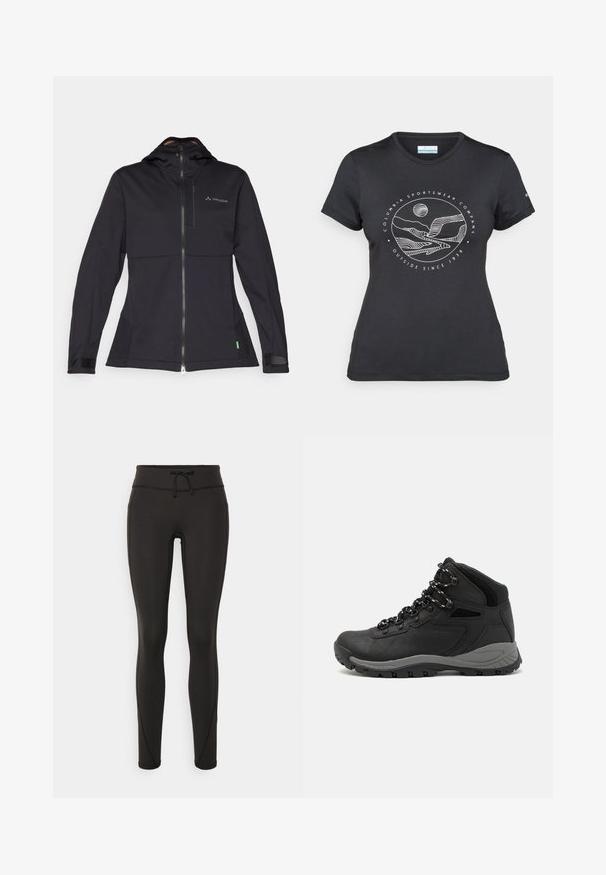 Zwarte softshell jas met capuchon, voorzien van een rits aan de voorkant, elastische manchetten en een logo op de borst. Gladde textuur, op maat ontworpen.; Zwarte Columbia t-shirt met witte cirkelvormige lijntekening van bergen en een rivier en de tekst "Columbia Sportswear Company Outside Since 1938."; Zwarte leggings met een hoge tailleband, een trekkoord, een gladde textuur en een aansluitend ontwerp. Kenmerkt zich door stikseldetails langs de zijkanten.; Zwarte wandelschoen met een mid-top ontwerp, voorzien van een gestructureerde bovenkant, grijze accenten en een duurzame rubberen zool met gripnoppen.