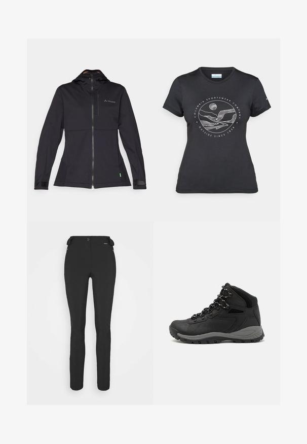 Black softshell jacket with a hood, features a front zipper, elastic cuffs, and a logo on the chest. Smooth texture, tailored design.; Black Columbia t-shirt with white circular mountain and river line art and text "Columbia Sportswear Company Outside Since 1938."; Black, fitted pants made from a flexible material. Features include a zippered side pocket, articulated knees, and a smooth texture.; Black hiking boot with a mid-top design, featuring a textured upper, gray accents, and durable rubber sole with traction lugs.