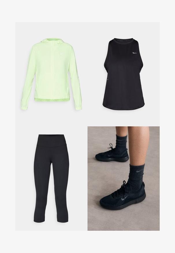 Light green Nike jacket with a hood, elastic cuffs, and hem. Features a smooth, matte texture and a small white logo on the left chest.; Black sleeveless running tank top made of lightweight material with a round neck; features a subtle logo and side slits for breathability.; Black cropped leggings made of stretchy fabric, featuring a high waistband and smooth texture, with no visible patterns or hardware.; Black Nike sneakers with a textured knit upper, featuring a grey swoosh logo, paired with dark ribbed socks. Flat rubber sole.