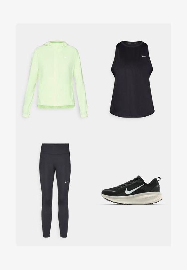 Svijetlo zelena Nike jakna s kapuljačom, elastičnim manžetama i rubom. Ima glatku, mat površinu i mali bijeli logo na lijevoj strani grudi.; Crni bezrukavni trkački majica od laganog materijala s okruglim izrezom; ima suptilan logotip i bočne proreze za prozračnost.; Crne tajice izrađene od rastezljivog materijala, s visokim strukom i bijelim Nike logotipom na lijevom bedru. Glatka tekstura, dizajn koji prati obline.; Crne Nike trkačke tenisice s prozračnom mrežastom gornjom konstrukcijom, bijelim swoosh logotipom, teksturiranim detaljima i kremastom ZoomX srednjom potplatnom jedinicom.