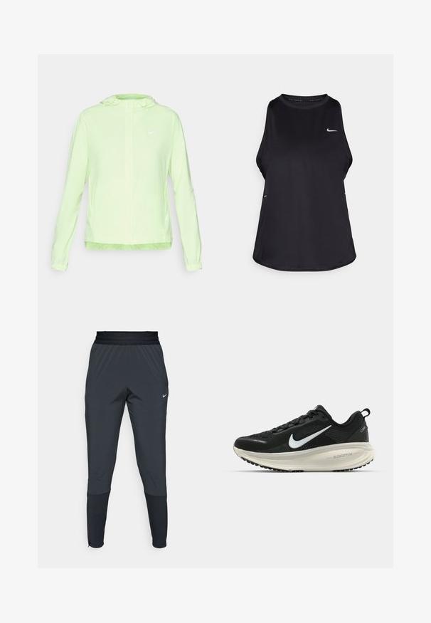 Hellegrüne Nike-Jacke mit Kapuze, elastischen Bündchen und Saum. Hat eine glatte, matte Textur und ein kleines weißes Logo auf der linken Brust.; Schwarzes ärmelloses Lauf-Tanktop aus leichtem Material mit Rundhalsausschnitt; verfügt über ein dezentes Logo und Seitenschlitze für Atmungsaktivität.; Dunkle graue Nike Sporthosen mit einem schmal zulaufenden Bein-Design, elastischem Bund und Akzentdetails in der Nähe der Bündchen.; Schwarzer Nike-Laufschuh mit atmungsaktivem Mesh-Obermaterial, weißem Swoosh-Logo, strukturierten Details und einer cremefarbenen ZoomX-Zwischensohle.