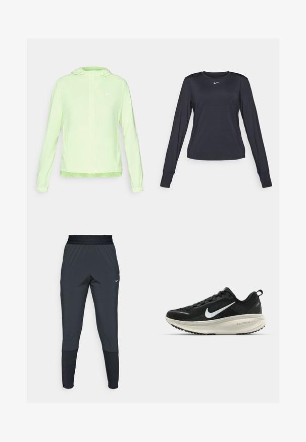 Hellegrüne Nike-Jacke mit Kapuze, elastischen Bündchen und Saum. Hat eine glatte, matte Textur und ein kleines weißes Logo auf der linken Brust.; Schwarzes langärmliges Sportshirt aus feuchtigkeitsableitendem Stoff, mit Rundhalsausschnitt und einem kleinen weißen Logo auf der Brust.; Dunkle graue Nike Sporthosen mit einem schmal zulaufenden Bein-Design, elastischem Bund und Akzentdetails in der Nähe der Bündchen.; Schwarzer Nike-Laufschuh mit atmungsaktivem Mesh-Obermaterial, weißem Swoosh-Logo, strukturierten Details und einer cremefarbenen ZoomX-Zwischensohle.