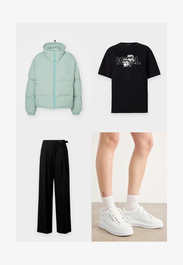 Világoszöld puffertakó, magas gallérral, elülső cipzárral, bordázott mandzsettával és felnyomtatott logóval a mellkason. Puha matt felület és steppelt textúra.; Fekete pamut póló, amelyen két napszemüveges mesefigura grafikai nyomat látható, mellette a "KARL" felirat vastag betűkkel.; Fekete, bő szárú nadrág magas derékkal, elöl pliszírozva, és csattal ellátott övvel. Simább, könnyű anyagból készült.; Fehér bőr sportcipők sima felülettel, kerek orral és lapos gumi talppal. A fűzők láthatóak, a zokni szárak fehérek.
