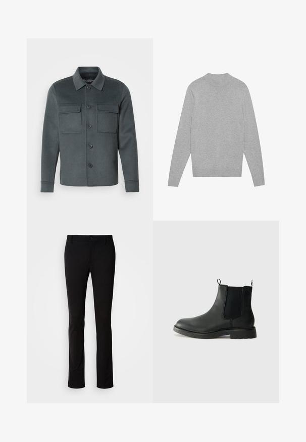 Dunkelgraue Jacke aus weichem Stoff, mit knöpfbarem Vorderteil, zwei Brusttaschen und einem Kragen-Ausschnitt mit umgeschlagenen Manschetten.; Hellgrauer langärmeliger Rundhalsausschnitt-Pullover mit geripptem Kragen, Bündchen und Saum, flach auf einem weißen Hintergrund ausgelegt.; Schwarze Hose aus glattem Stoff, mit Knopfverschluss, Gürtelschlaufen und geradem Bein. Keine sichtbaren Muster oder Akzente.; Schwarze Leder-Chelsea-Stiefel mit elastischen Seitenelementen, Zuglaschen, runder Spitze und profiliertem Gummisohle. Glatte Oberfläche und robuste Bauweise.