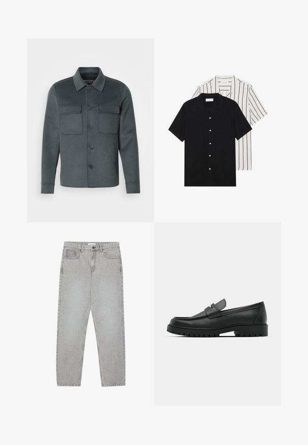 Dunkelgraue Jacke aus weichem Stoff, mit knöpfbarem Vorderteil, zwei Brusttaschen und einem Kragen-Ausschnitt mit umgeschlagenen Manschetten.; Zwei kurzärmelige Hemden: eines ganz schwarz, das andere weiß mit schwarzen vertikalen Streifen. Beide verfügen über Knopfverschlüsse und einen klassischen Kragen.; Helle graue Jeanshose mit gerade geschnittenem Design, Fünf-Taschen-Stil und Knopfverschluss. Sichtbare Nähte entlang der Seitennähte.; Schwarze Lederloafer mit runder Zehenform, ausgestattet mit einem gesteppten Design, niedrigem Plattformsohle und einer strukturierten, genoppten Gummisohle.
