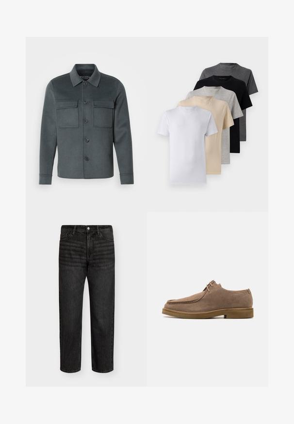 Dunkelgraue Jacke aus weichem Stoff, mit knöpfbarem Vorderteil, zwei Brusttaschen und einem Kragen-Ausschnitt mit umgeschlagenen Manschetten.; Set aus fünf Kurzarm-T-Shirts in Weiß, Beige, Hellgrau, Dunkelgrau und Schwarz. Hergestellt aus glattem Baumwollmaterial, mit Rundhalsausschnitt.; Schwarze Denim-Jeans mit geradem Schnitt, mittelhoher Taille, fünf Taschen und Metallknopfverschluss. Glatte Textur mit subtiler Ausbleichung.; Zign LEATHER - Sportlicher Schnürer - taupe