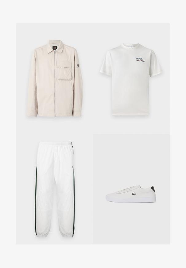 Belstaff DROME - Vasaras jaka - stone beige; Balts kokvilnas T-krekls ar apaļu kakla izgriezumu, īsām piedurknēm un mazu izšūtu logo ar kalniem un tekstu kreisajā krūtīs.; Baltas sporta bikses ar tumši zaļām sānu joslām. Viegls materiāls, elastīga josta un aproces apakšā. Satur acu auduma tekstūru sānu joslās.; Baltas ādas sporta apavu modelis ar noapaļotu purngalu, sasienamu priekšpusi un melnu papēža akcentu. Satur nelielu izšūtu krokodila logo sānos.
