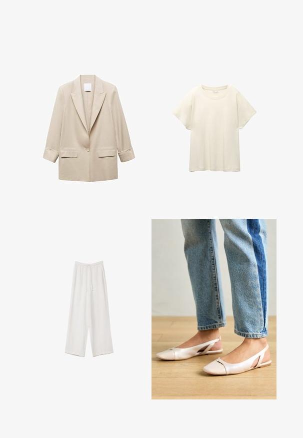 Bežna blazer jakna na jednoklop, z izrezanimi klapnimi, dvema žepekoma in rokavi do zapestja z gumbi.; Svetlo bež kratkosleeven majica s okroglim ovratnikom, izdelana iz mehke, gladke tkanine. Ima sproščen kroj in raven rob.; Bele široke hlače iz lahkega materiala. Imajo elastičen pas s vrvico in stranske žepe. Gladka tekstura.; Svijetloružičaste slingback balerinke s šiljastim nožnim prstima, napravljene od glatkog materijala nalik koži. Imaju izrezane detalje sa strane i ravne pete.