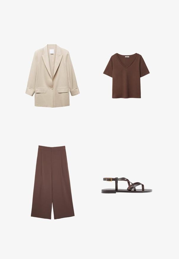 Kerman single-button bleizeri, millel on nurgalapid, kaks klapp-taskut ja randme pikkusega varrukad, millel on nupuga mansetid.; Ruskea puuvillapaita, jossa on lyhyet hihat ja syvä V-kaula-aukko. Yksinkertainen muotoilu, pehmeä rakenne ja suora helma. Ei kuvioita tai yksityiskohtia.; Ruskeat leveälahkeiset housut, joissa on sileä pinta, korkea vyötärö ja etupleat. Kangas on kevyttä ja laskeutuu väljänä.; Ruske kožne sandale s križnim trakama, zatvaranjem na kopču oko gležnja i ravnim potplatom s minimalnim detaljima šivanja.