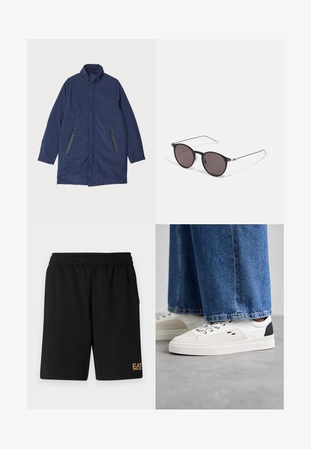 Parka bleu marine avec un col haut, dotée de deux poches latérales zippées et d'un tissu lisse et léger.; T-shirt en coton noir avec un col rond, des manches courtes et le logo "EMPORIO ARMANI" en blanc au-dessus de "Milano" dans un design incurvé.; Shorts de sport noirs en tissu doux, avec une taille élastique et un petit logo jaune EA7 sur le bas de la jambe gauche.; Baskets blanches et noires avec une tige en cuir lisse, des accents texturés et une semelle épaisse blanche. Présentent un design classique à lacets.; Lunettes de soleil noires rondes avec verres sombres et branches en métal fines. Comprend des embouts transparents et des accents argentés au niveau de la charnière. Design minimaliste.